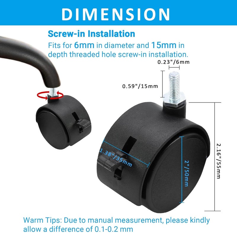 Suiwotin 4pcs 2 Inch Swivel Caster Wheels, M6 Threaded Stem Caster Wheels with Brake, Heavy Duty Casters, Black Nylon Wheel Replacement for Furniture, Table, Cabinet, Shelf - Image 2